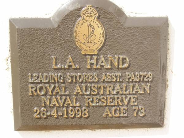 L.A. HAND,  | died 26-4-1998 aged 73 years;  | Polson Cemetery, Hervey Bay  |   | 