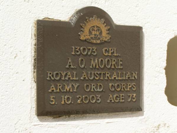 A.O. MOORE,  | died 5-10-2003 aged 73 years;  | Polson Cemetery, Hervey Bay  | 