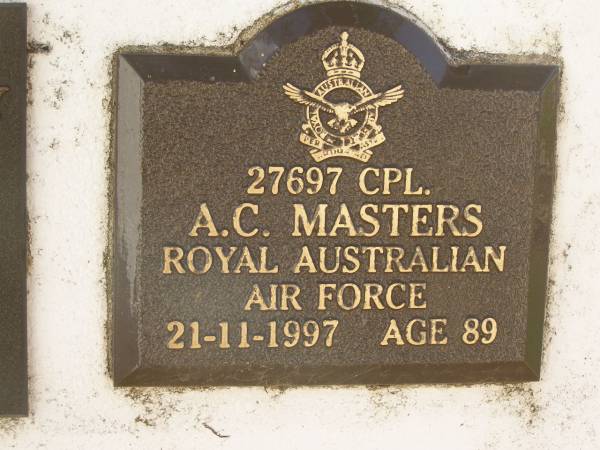 A.C. MASTERS,  | died 21-11-1997 aged 89 years;  | Polson Cemetery, Hervey Bay  | 