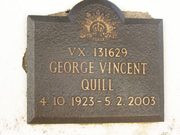 George Vincent QUILL,  | 4-10-1923 - 5-2-2003;  | Polson Cemetery, Hervey Bay  | 