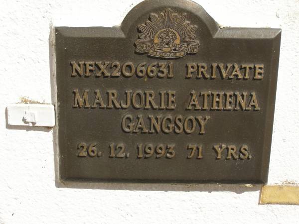 Marjorie Athena GANGSOY,  | died 26-12-1993 aged 71 years;  | Polson Cemetery, Hervey Bay  | 