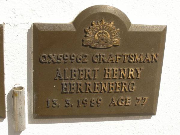Albert Henry HERRENBERG,  | died 13-3-1989 aged 77 years;  | Polson Cemetery, Hervey Bay  | 