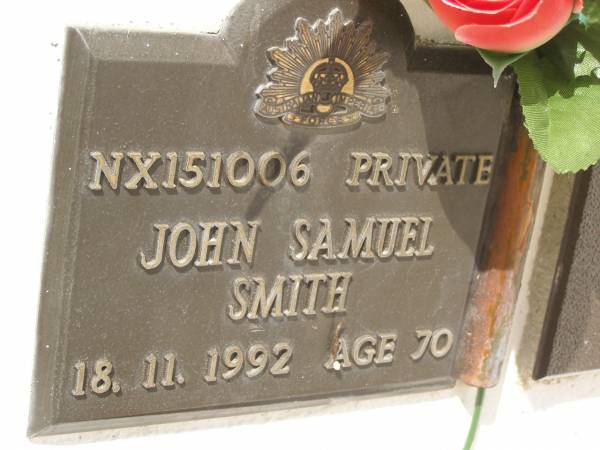 John Samuel SMITH,  | died 18-11-1992 aged 70 years;  | Polson Cemetery, Hervey Bay  | 