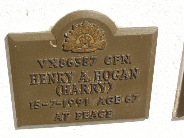 Henry A. (Harry) HOGAN,  | died 15-7-1991 aged 67 years;  | Polson Cemetery, Hervey Bay  | 