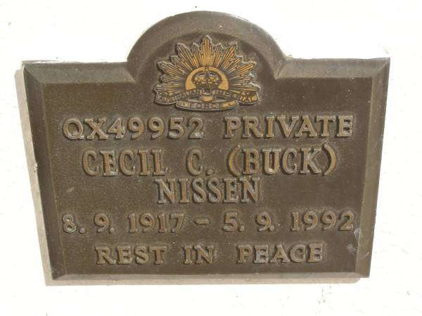 Cecil C. (Buck) NISSEN,  | 8-9-1917 - 5-9-1992;  | Polson Cemetery, Hervey Bay  | 