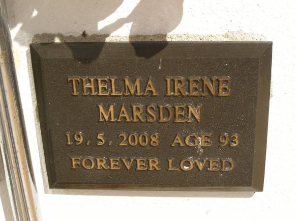 Thelma Irene MARSDEN,  | died 19-5-2008 aged 93 years;  | Polson Cemetery, Hervey Bay  | 