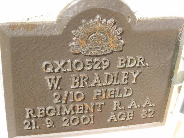 W. BRADLEY,  | died 21-9-2001 aged 82 years;  | Polson Cemetery, Hervey Bay  | 