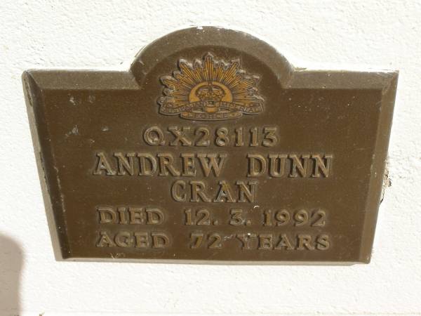 Andrew Dunn CRAN,  | died 12-3-1992 aged 72 years;  | Polson Cemetery, Hervey Bay  | 