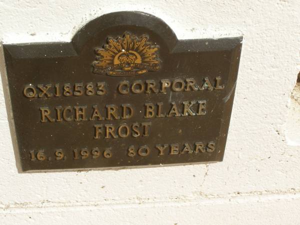 Richard Blake FROST,  | died 16-9-1996 aged 80 years;  | Polson Cemetery, Hervey Bay  | 