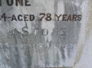 David George, husband of S.J. STONE, died 23 Sept 1934 aged 78 years; Sarah J. STONE, died 8 Mar 1939 aged 85 years; Polson Cemetery, Hervey Bay 