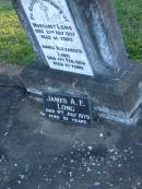 Margaret LONG,
died 23 July 1957 aged 86 years;
James Alexander LONG,
died 17 Feb 1959 aged 87 years;
James A.E. LONG,
died 9 July 1979 aged 81 years;
Polson Cemetery, Hervey Bay