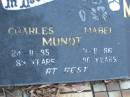 
Charles MUNDT,
died 24-11-85 aged 89 years;
Mabel MUNDT,
died 3-8-86 aged 90 years;
Polson Cemetery, Hervey Bay

