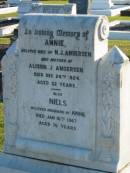 
Annie,
wife of N.J. ANDERSEN,
mother of Alison J. ANDERSEN,
died 24 Dec 1924 aged 32 years;
Niels,
husband of Annie,
died 16 Jan 1968 aged 76 years;
Polson Cemetery, Hervey Bay
