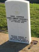 James Lindsay SCOUGALL,
died 11 March 1933,
husband of Marion SCOUGALL,
father of James R., Thelma M. & Beverley M.;
Polson Cemetery, Hervey Bay