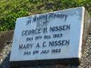 
George H. NISSEN,
died 10 Dec 1923;
Mary A.C. NISSEN,
died 6 July 1962;
Polson Cemetery, Hervey Bay
