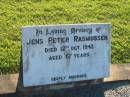 
Jens Peter RASMUSSEN,
died 12 Oct 1942 aged 67 years;
Polson Cemetery, Hervey Bay
