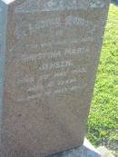 
Christina Maria JENSEN,
wife mother,
died 5 May 1943 aged 81 years;
Polson Cemetery, Hervey Bay
