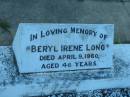 Beryl Irene LONG, died 9 April 1960 aged 46 years; Polson Cemetery, Hervey Bay 