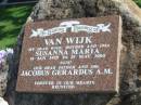 
Susanna Maria VAN WIJK,
wife mother oma,
14 Jan 1929 - 29 May 2000;
Jacobus Gerardus VAN WIJK,
father opa;
Polson Cemetery, Hervey Bay
