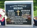 
Maria MICHAIL,
20-5-1925 - 24-7-2002;
Michailo MICHAIL,
10-7-1923 - 28-2-2005;
Johnny MICHAIL,
30-12-1946 - 15-2-2001,
missed by mum & dad,
daughter Sharna,
grandson Jarrod;
Polson Cemetery, Hervey Bay
