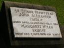 
John Alexander FAIRLIE,
born 13 April 1866,
died 7 Feb 1950;
Margaret Helen FAIRLIE,
born 7 Dec 1870,
died 9 Nov 1957;
Polson Cemetery, Hervey Bay
