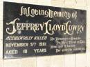 Jeffrey Lloyd LOWRY, accidentally killed 5 Nov 1961 aged 18 years; Polson Cemetery, Hervey Bay 