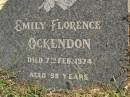 
Emily Florence OCKENDON,
died 7 Feb 1974 aged 98 years;
Frederick Arthur OCKENDEN,
father grandfather,
died 5 Oct 1972 aged 68 years;
Polson Cemetery, Hervey Bay
