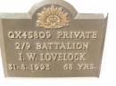 I.W. LOVELOCK, died 31-8-1993 aged 68 years; Polson Cemetery, Hervey Bay 