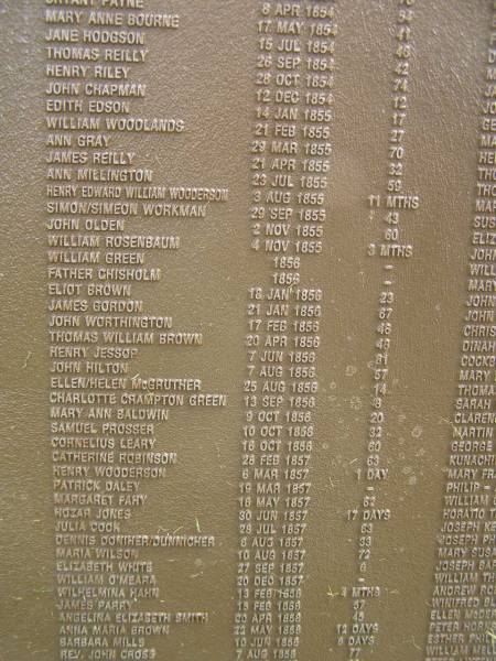 Port Macquarie historical society - list of deaths  |   | Historic cemetery:  |   | Mary Anne BOURNE 17 May 1854 aged 41  | Jane HODGSON 165 Jul 1854 aged 46  | Thomas REILLY 26 Sep 1854 aged 42  | Henry RILEY 28 Oct 1854 aged 74  | John CHAPMAN 12 Dec 1854 aged 12  | Edith EDSON 14 Jan 1855 aged 17  | William WOODLANDS 21 Feb 1855 aged 27  | Ann GRAY 29 Mar 1855 aged 70  | James REILLY 21 Apr 1855 aged 32  | Ann MILLINGTON 23 Jul 1855 aged 59  | Henry Edward William WOODERSON 3 Aug 1855 aged 11 mo  | Somon / Simeon WORKMAN 29 Sep 1855 aged 43  | John OLDEN 2 Nov 1855 aged 60  | William ROSENBAUM 4 Nov 1855 aged  3mo  | William GREEN 1856  | Father CHISHOLM 1856  | Eliot BROWN 18 Jan 1856 aged 23  | James GORDON 21 Jan 1856 aged 67  | John WORTHINGTON 17 Feb 1856 aged 46  | Thomas William BROWN 20 Apr 1856 aged 48  | Henry JESSOP 7 Jun 1856 aged 81  | John HILTON 7 Aug 1856 aged 57  | Ellen / Helen NcGRUTHER 25 Aug 1856 aged 14  | Charlotte Crampton GREEN 13 Sep 1856 aged 8  | Nary Ann BALDWIN 9 Oct 1856 aged 20  | Samuel PROSSER 10 Oct 1856 aged 32  | Cornelius LEARY 16 Oct 1856 aged 60  | Catherine ROBINSON 28 Feb 1857 aged 63  | Henry WOODERSON 6 Mar 1857 aged 1 day  | Patrick DALEY 19 Mar 1857  | Margaret FAHY 16 May 1857 aged 62  | Hozar JONES 30 Jun 1857 aged 17 days  | Julia COOK 28 Jul 1857 aged 69  | Dennis DONIHER / DUNNICHER 8 Aug 1857 aged 33  | Maria WILSON 10 Aug 1857 aged 72  | Elizabeth WHITE 27 Sep 1857 aged 6  | William O'MEARA 20 Dec 1857  | Wilhelmina HAHN 13 Feb 1858 aged 4 mo  | James PARRY 15 Feb 1858 aged 57  | Angelina Elizabeth SMITH 20 Apr 1858 aged 45  | Anna Maria BROWN 22 May 1858 aged 12 days  | Barbara MILLS 10 Jun 1858 aged 8 days  | Rev John CROSS 7 Aug 1858 aged 77  |   | Port Macquarie historic cemetery, NSW  | 