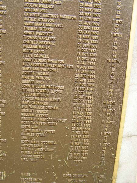 Port Macquarie historical society - list of deaths  |   | Historic cemetery:  |   | William James PAGE 25 Mar 1882 aged 35  | Joseph WALLACE 23 May 1882 aged 33  | William HILL 28 May 1882 aged 64  | Catherine Hastings McKINNON 11 Jun 1882 aged 5 weeks  | Alfred AYKINSON 21 Aug 1882 aged 57  | Annie Mary MAUNSELL 30 Dec 1882 aged 57  | Thomas GUTHRIE 23 Jan 1883 aged 7 mo  | Henry WINDEYER 31 May 1883 aged 8  | Thomas WARLTERS 15 Jun 1883 aged 53  | Charles HAYWARD 28 Sep 1883 aged 70  | William MAHER 1 Oct 1883 aged 27  | Ellen CRAIG 11 Oct 1883 aged 74  | Lizzie COLWELL 17 Dec 1883 aged 18 mo  | Annies Geddes McKINNON 8 Jan 1884 aged 40  | Alexander Kenneth McKENZIE 8 Jan 1884 aged 55  | Mary Ann CHURCHILL 17 Jan 1884 aged 49  | Robert THOMAS 29 Apr 1884 aged 55  | Martin PAULSON 30 Apr 1884 aged 26  | George COOK 20 Aug 1884 aged 72  | John William PARTRIDGE 13 Sep 1884 aged 48  | George Edward ELFORD 3 Oct 1884 aged 17  | William NELSON 12 Oct 1884 aged 7  | George William HAWES 25 Oct 1884 aged 4 mo  | Mary CAVANAGH 25 Dec 1884 aged 63  | Eva Florence DENHAM 3 Feb 1885 aged 16 mo  | Michael SPENCE 15 Apr 1885 aged 77  | William WYTHES 15 Jul 1885 aged 20  | Reginald Ambrose BUCKLEY 22 Aug 1885 aged 13 days  | Rose Elizabeth KENNY 14 Oct 1885 aged 4  | Edith LAW 26 Jan 1886 aged 4  | Alwin Bailey SONTER 7 Feb 1886 aged 3 mo  | Arthur KEMP 20 Sep 1886 aged 48  | Martha LAHEY / LEAHY 20 Feb 1887 aged 76  | Pamela WARD 23 May 1887 aged 23  | Joseph WILSON 20 Nov 1891 aged 90  | Mrs FIELD ?? aged 112  |   | Port Macquarie historic cemetery, NSW  |   | Hamilton Headstones - Hibbard Cemetery  | George SMITH 10 Jun 1867 aged 28  | 