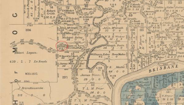 1893 flood map of Pullenvale road and Rafting Ground showing cemetery reserve.  |   | (site of) Pullenvale Rafting Ground cemetery, Brisbane  | 