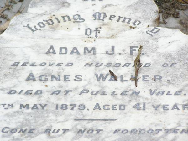 Adam J.F., husband of Agnes WALKER,  | died Pullen Vale 13 May 1879 aged 41 years;  | Pullenvale cemetery, Brisbane  | 