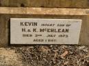 
Hugh MCERLEAN,
husband father,
died 11 Jan 1908 aged 45 years;
Peter,
son brother,
died 9 April 1902 aged 8 months;
Kevin,
infant son of H. & K. MCERLEAN,
died 3 July 1923 aged 1 day;
Ravensbourne cemetery, Crows Nest Shire
