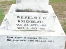 
Wilhelm E.O. ROSENBLATT,
born 23 April 1850 died 6 Oct 1922;
Henriette Luise ROSENBLATT, nee OBST,
born 14 Oct 1841 died 11 Sept 1925;
Ropeley Immanuel Lutheran cemetery, Gatton Shire
