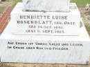 
Wilhelm E.O. ROSENBLATT,
born 23 April 1850 died 6 Oct 1922;
Henriette Luise ROSENBLATT, nee OBST,
born 14 Oct 1841 died 11 Sept 1925;
Ropeley Immanuel Lutheran cemetery, Gatton Shire
