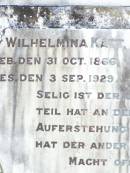 
Wilhelmina KATT,
born 31 Oct 1866 died 3 Sept 1929;
Hermann KATT,
born 26 May 1864 died 10 Sept 1946;
Ropeley Immanuel Lutheran cemetery, Gatton Shire
