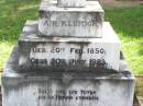 
A.R. KLEIDON,
born 20 FEb 1850 died 30 July 1923;
Karoline O. KLEIDON, nee WESSLING,
born 24 Jan 1848 died 30 July 1927;
Ropeley Immanuel Lutheran cemetery, Gatton Shire
