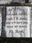 
Ida F.W. JANKE, wife mother,
died 21 April 1934 aged 72 years;
Carl F.W. JANKE, father,
died 17 Sept 1938 aged 80 years;
Ropeley Immanuel Lutheran cemetery, Gatton Shire
