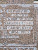 
Ferdinand GARMEISTER, husband father,
d1891 - 1956;
Auguste Louise GARMEISTER, wife,
1894 - 1959;
Ropeley Immanuel Lutheran cemetery, Gatton Shire
