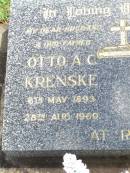 
Otto A.C. KRENSKE, husband father,
6 May 1893 - 28 Aug 1969;
Anna W. KRENSKE, mother,
23 Feb 1896 - 12 July 1985;
Ropeley Immanuel Lutheran cemetery, Gatton Shire


