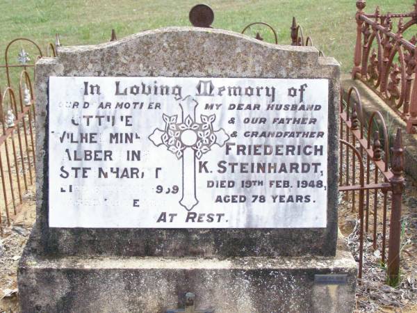 Ottilie Wilhelmine Albertine STEINHARDT, mother,  | died 6 April 1959 aged 78 years;  | Friederich K. STEINHARDT,  | husband father grandfather,  | died 19 Feb 1948 aged 78 years;  | August H.H. TILLACK, husband,  | born 2 May 1869 died 21 Oct 1913;  | Ropeley Immanuel Lutheran cemetery, Gatton Shire  | 