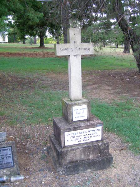 G.W. WEIER, son brother,  | killed in action 3 July 45 aged 26 years;  | Ropeley Immanuel Lutheran cemetery, Gatton Shire  | 
