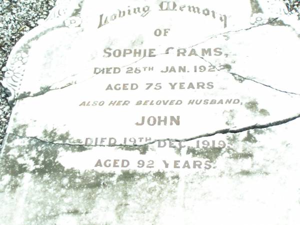 Sophie GRAMS?,  | died 28 Jan 1922 aged 75 years;  | John, husband,  | died 19 Dec 1919 aged 92 years;  | Ropeley Immanuel Lutheran cemetery, Gatton Shire  | 