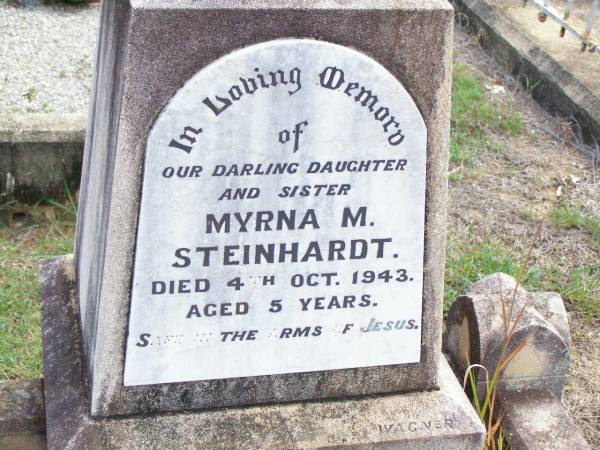 Myra M. STEINHARDT, daughter sister,  | died 4 Oct 1943 aged 5 years;  | Ropeley Immanuel Lutheran cemetery, Gatton Shire  | 