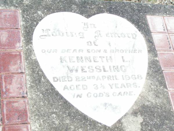 Kenneth L. WESSLING, son brother,  | died 22 April 1968 aged 3 and 1/2 years;  | Ropeley Immanuel Lutheran cemetery, Gatton Shire  | 