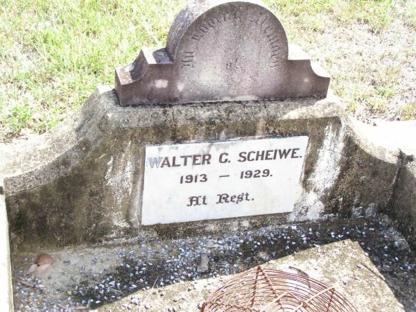 Walter C. SCHEIWE, 1913 - 1929;  | Ropeley Immanuel Lutheran cemetery, Gatton Shire  | 