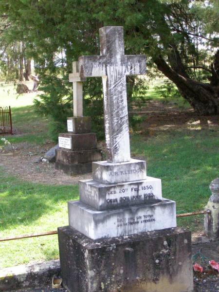 A.R. KLEIDON,  | born 20 FEb 1850 died 30 July 1923;  | Karoline O. KLEIDON, nee WESSLING,  | born 24 Jan 1848 died 30 July 1927;  | Ropeley Immanuel Lutheran cemetery, Gatton Shire  | 