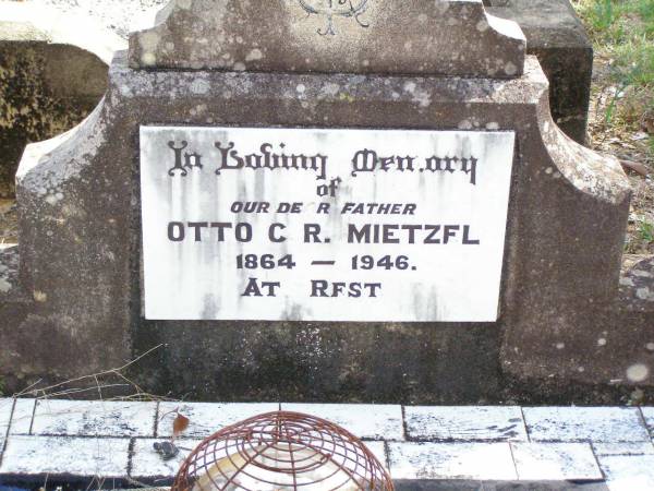 Otto C.R. MIETZEL, father,  | 1864 - 1946;  | Martha I.O. MIETZEL, wife mother,  | 1876 - 1941;  | Ropeley Immanuel Lutheran cemetery, Gatton Shire  | 