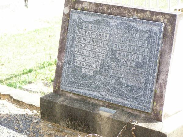 Friedrich Alexander KANTIM,  | died 30 April 1956 aged 73 years;  | Helene Anna Agnes KANTIM,  | died 18 Aug 1957 aged 73 years,  | at rest Birdwood, S.A.;  | Ropeley Immanuel Lutheran cemetery, Gatton Shire  | 