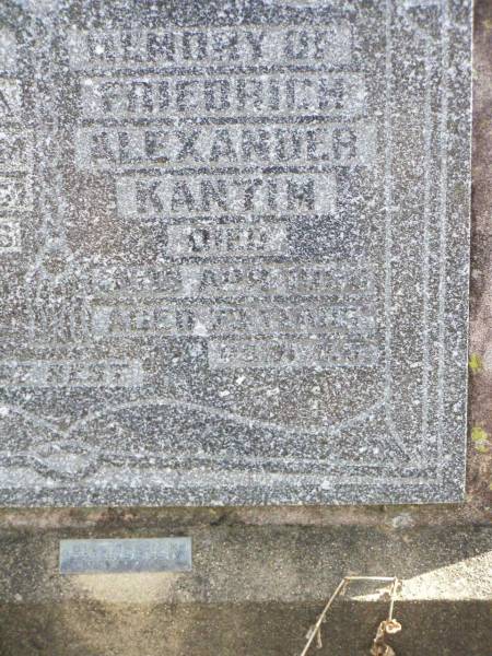 Friedrich Alexander KANTIM,  | died 30 April 1956 aged 73 years;  | Helene Anna Agnes KANTIM,  | died 18 Aug 1957 aged 73 years,  | at rest Birdwood, S.A.;  | Ropeley Immanuel Lutheran cemetery, Gatton Shire  | 